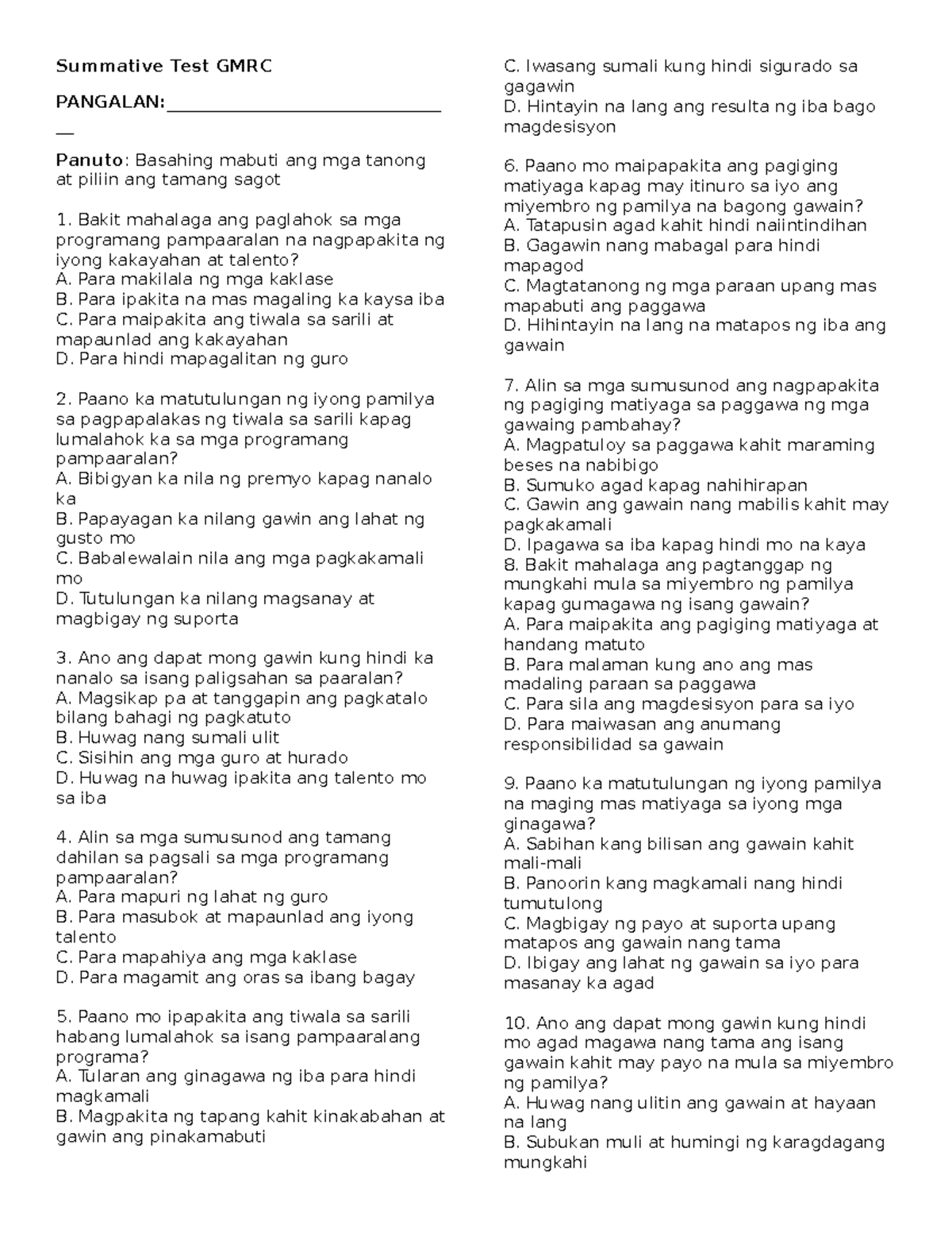Summative Test GMRC: Pagsusuri ng Kakayahan at Tiwala sa Sarili - Studocu