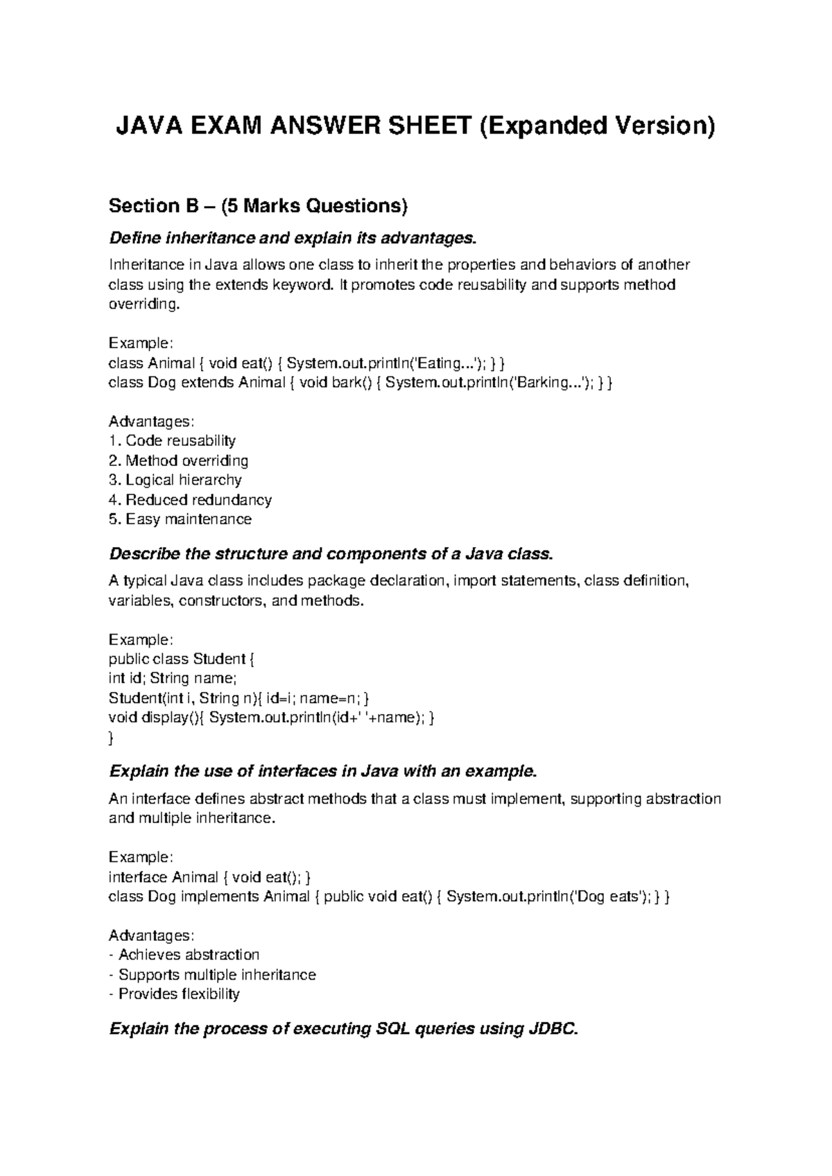 JAVA FINAL EXAM ANSWER SHEET: INHERITANCE, INTERFACES & JDBC - Studocu