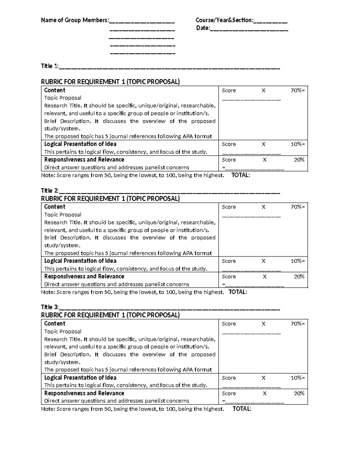 RUBRIC FOR REQUIREMENT 1: TOPIC PROPOSAL DEFENSE - Studocu