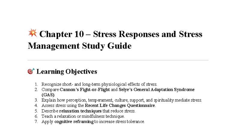 Chapter 10 Study Guide: Stress Responses & Management Techniques - Studocu