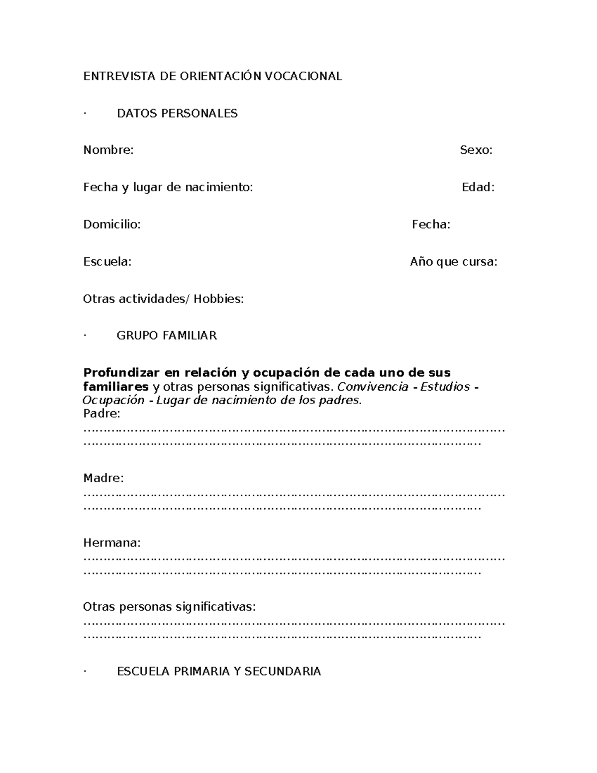 Entrevista de Orientación Vocacional: Datos Personales y Reflexiones ...