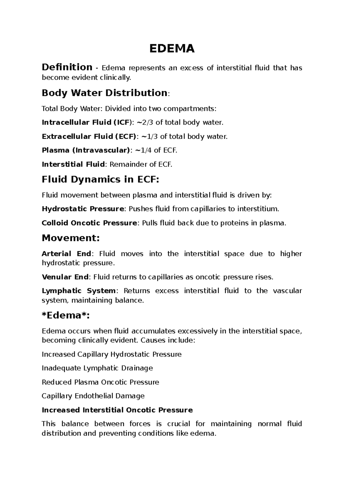 EDEMA Overview: Definition, Causes, and Clinical Implications - Studocu