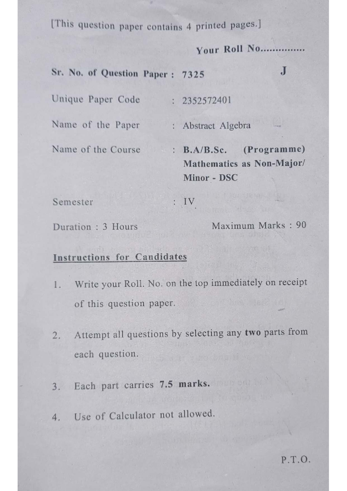 Abstract Algebra, Question Paper (Mathematics Minor DSC IV) - Studocu