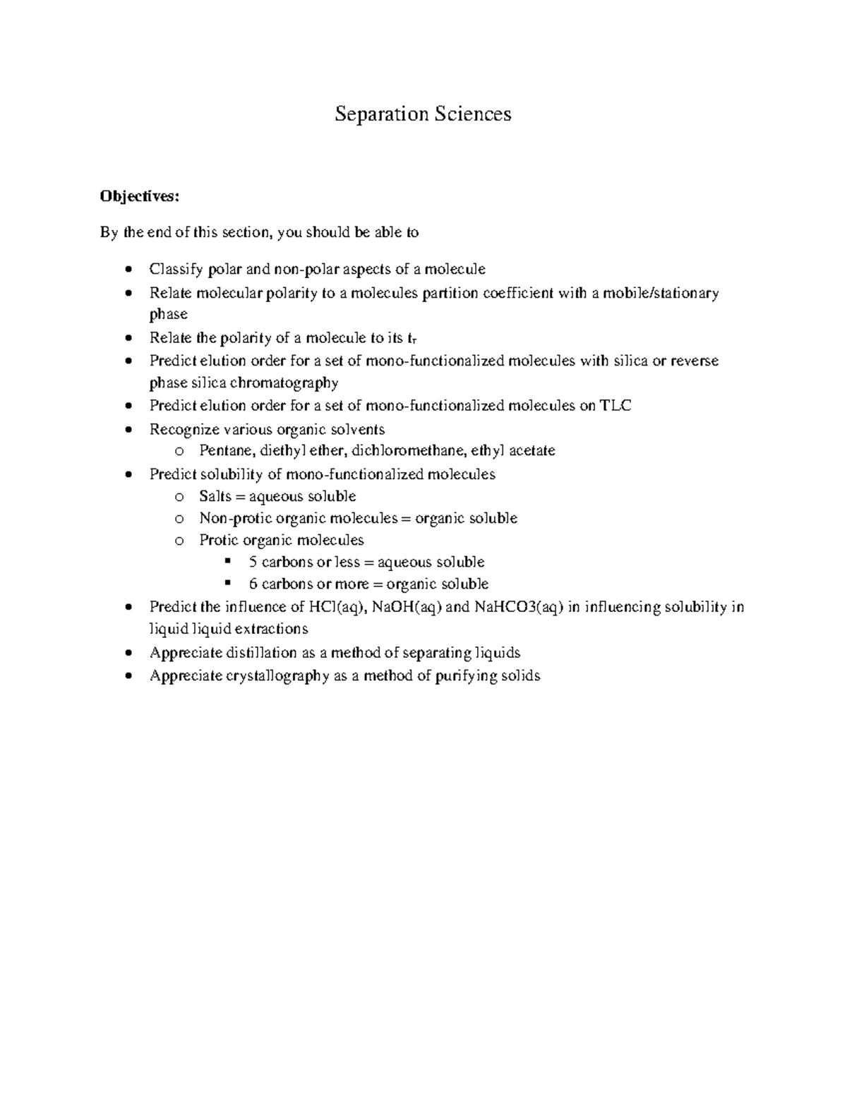 Separation Sciences Outline: Key Concepts and Learning Objectives - Studocu