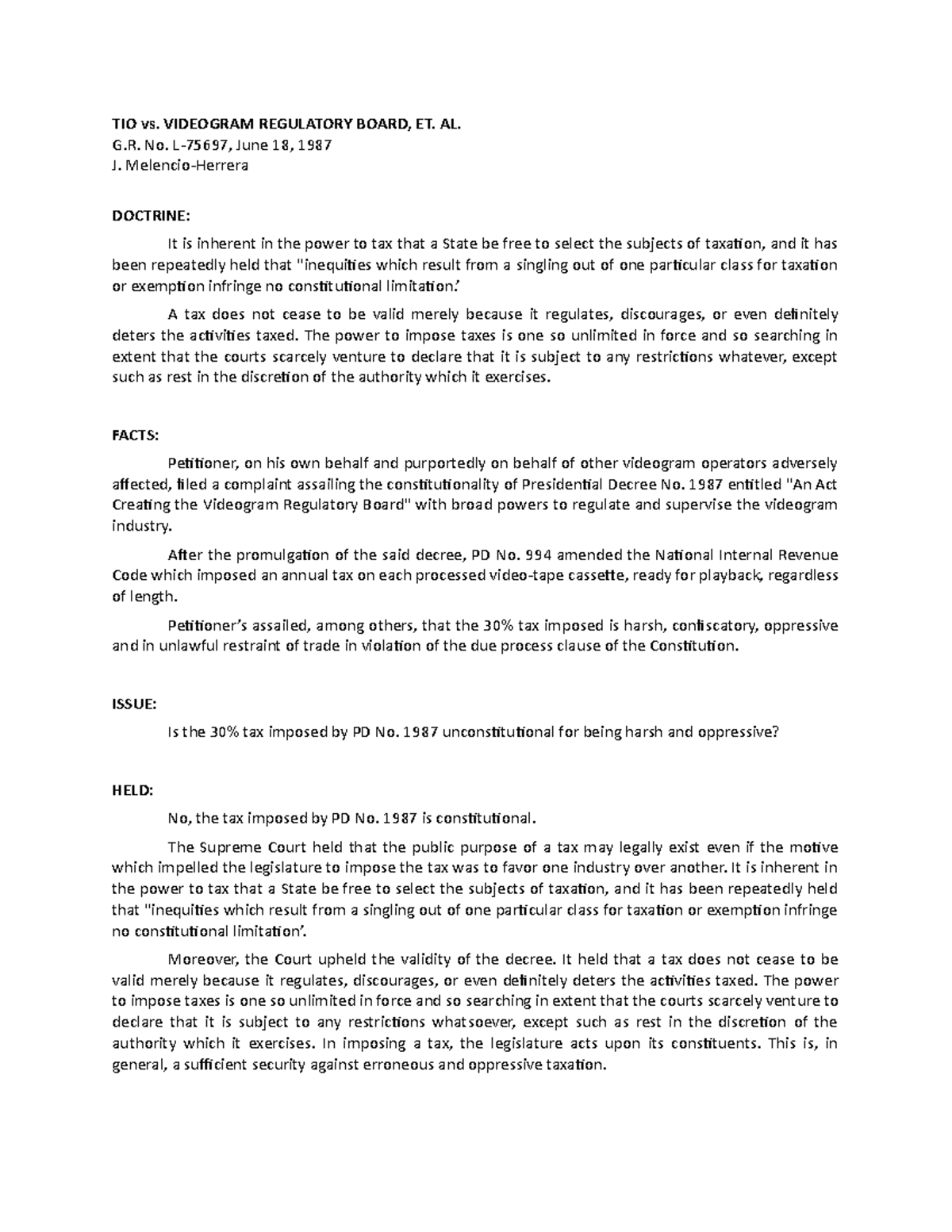 TIO vs. VIDEOGRAM REGULATORY BOARD Case Brief - G.R. No. L-75697 - Studocu
