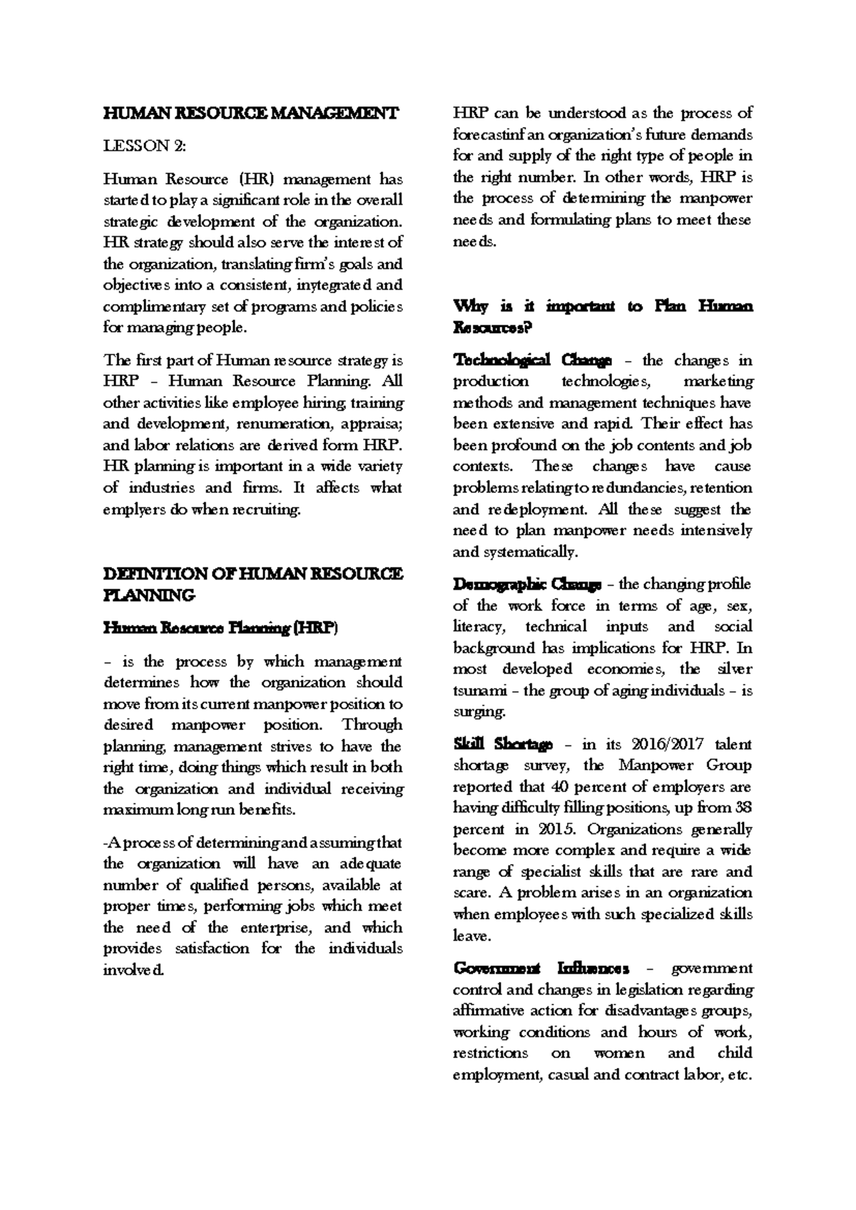 HRM - Human Resource Management Lesson 2 Notes on HR Planning - Studocu
