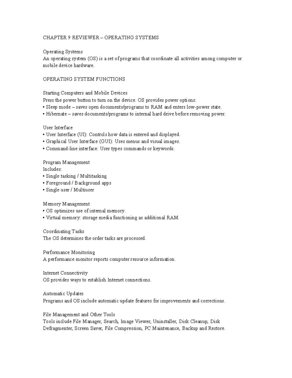 CHAPTER 9 REVIEWER: OPERATING SYSTEMS FUNCTIONS & TYPES - Studocu