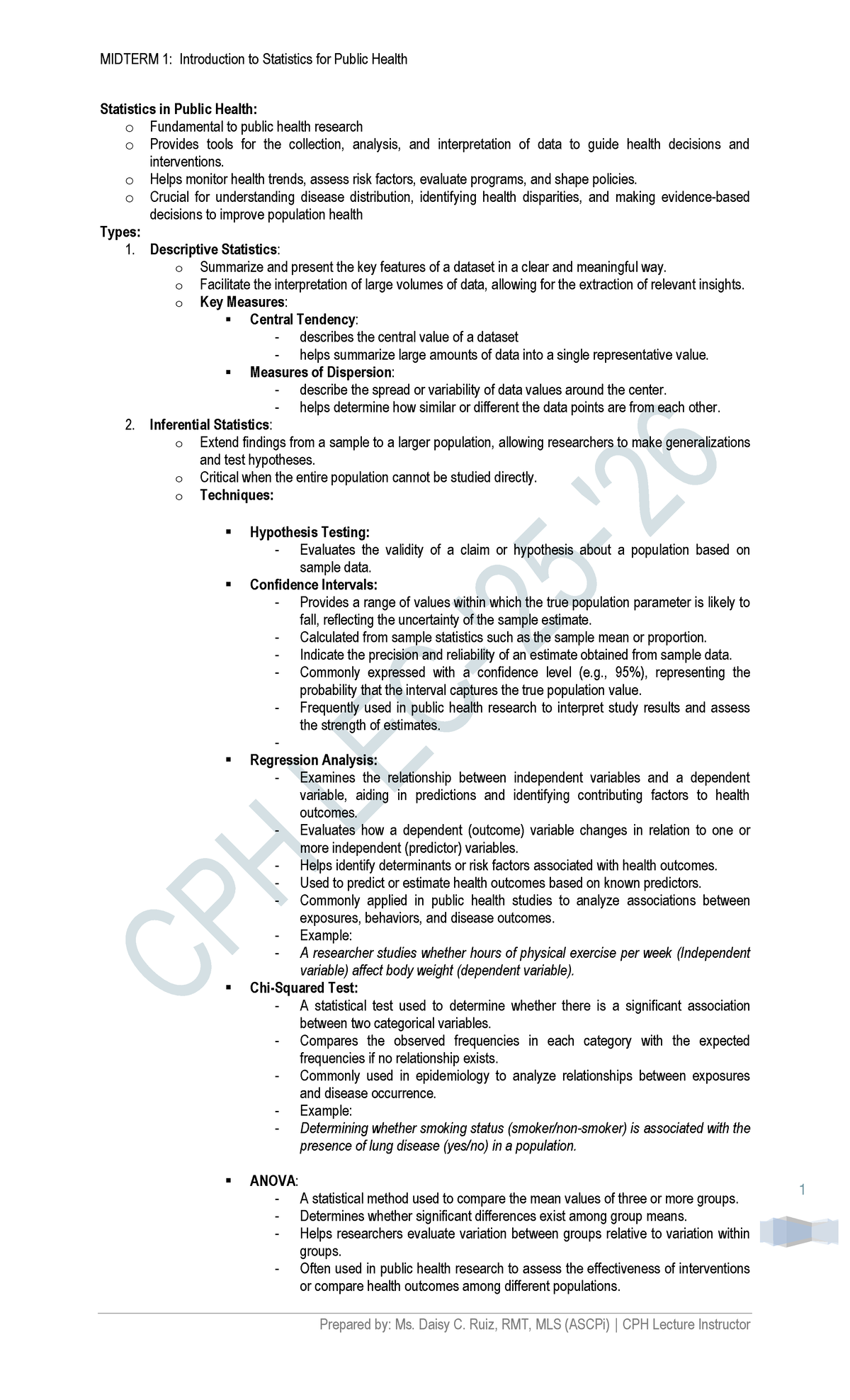 MIDTERM 1: Statistics in Public Health Overview and Key Concepts - Studocu