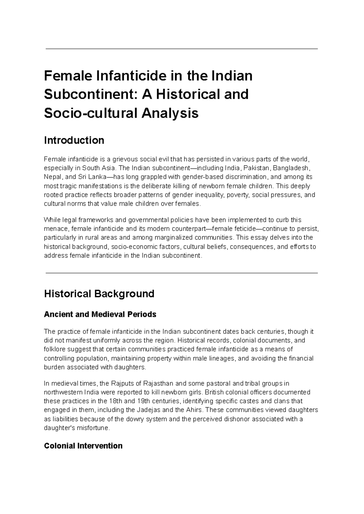 Female Infanticide in the Indian Subcontinent: A Continuous Assessment ...