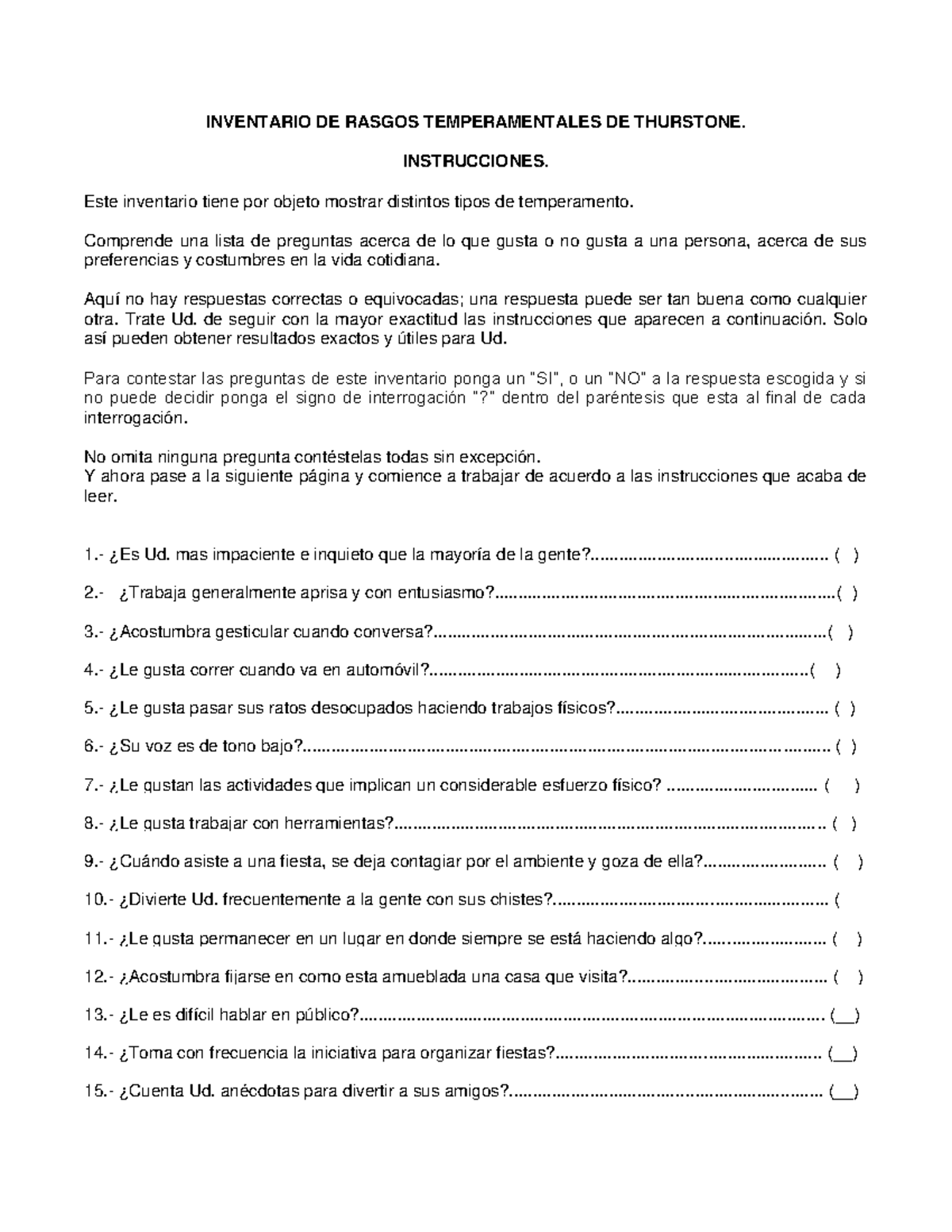 Inventario de Rasgos Temperamentales de Thurstone - IRT Aplicación - Document Preview
