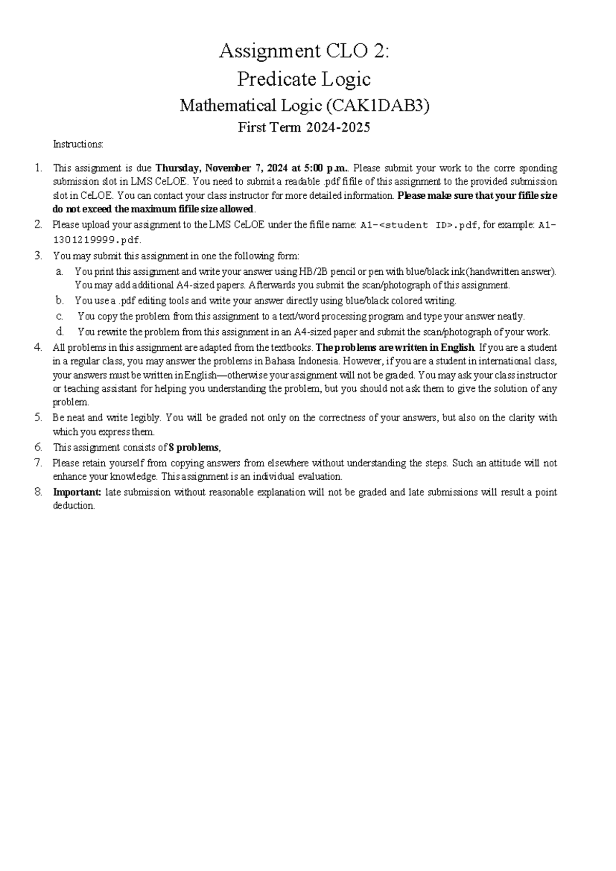 Assignment 02 - Predicate Logic (CAK1DAB3) Preparation Notes - Studocu