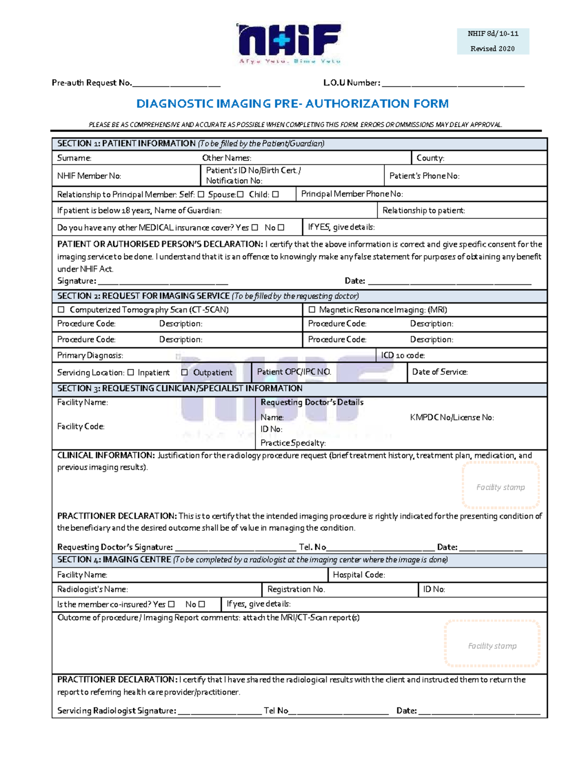 NHIF Diagnostic Imaging Authorization Form - Revised 2020 - Studocu