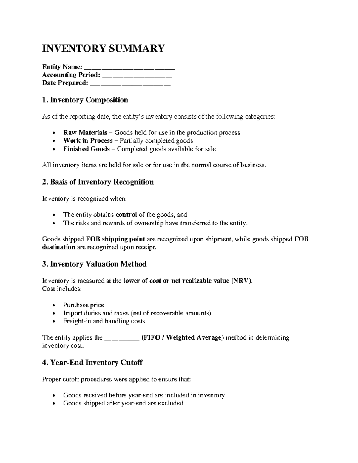 Inventory Summary Notes: Accounting Period & Valuation Methods - Studocu