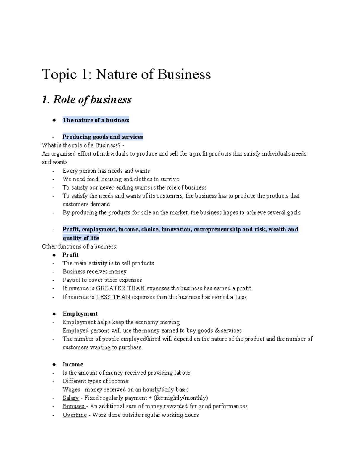 Business Studies Notes: Topic 1 - Nature of Business and Its Role - Studocu
