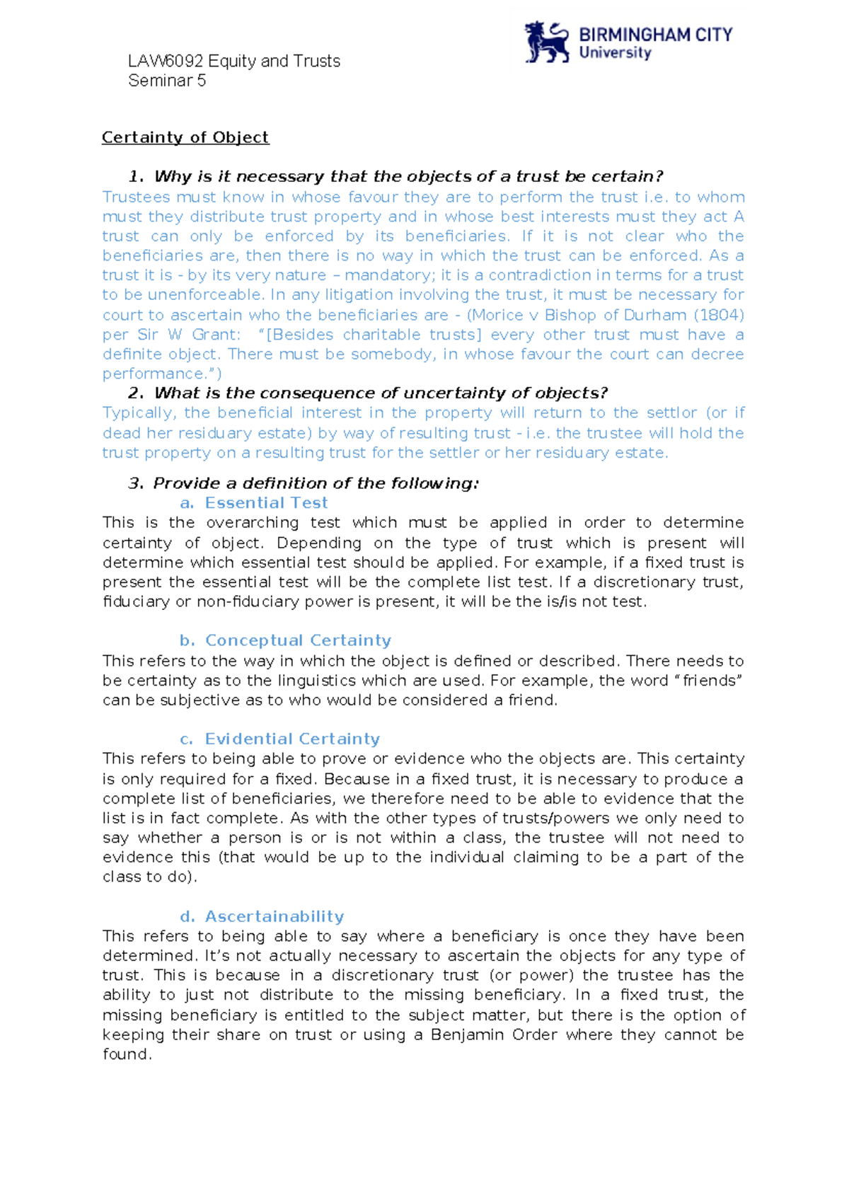 Seminar 5: Certainty of Object in Trust Law (Course Code: TL101) - Studocu
