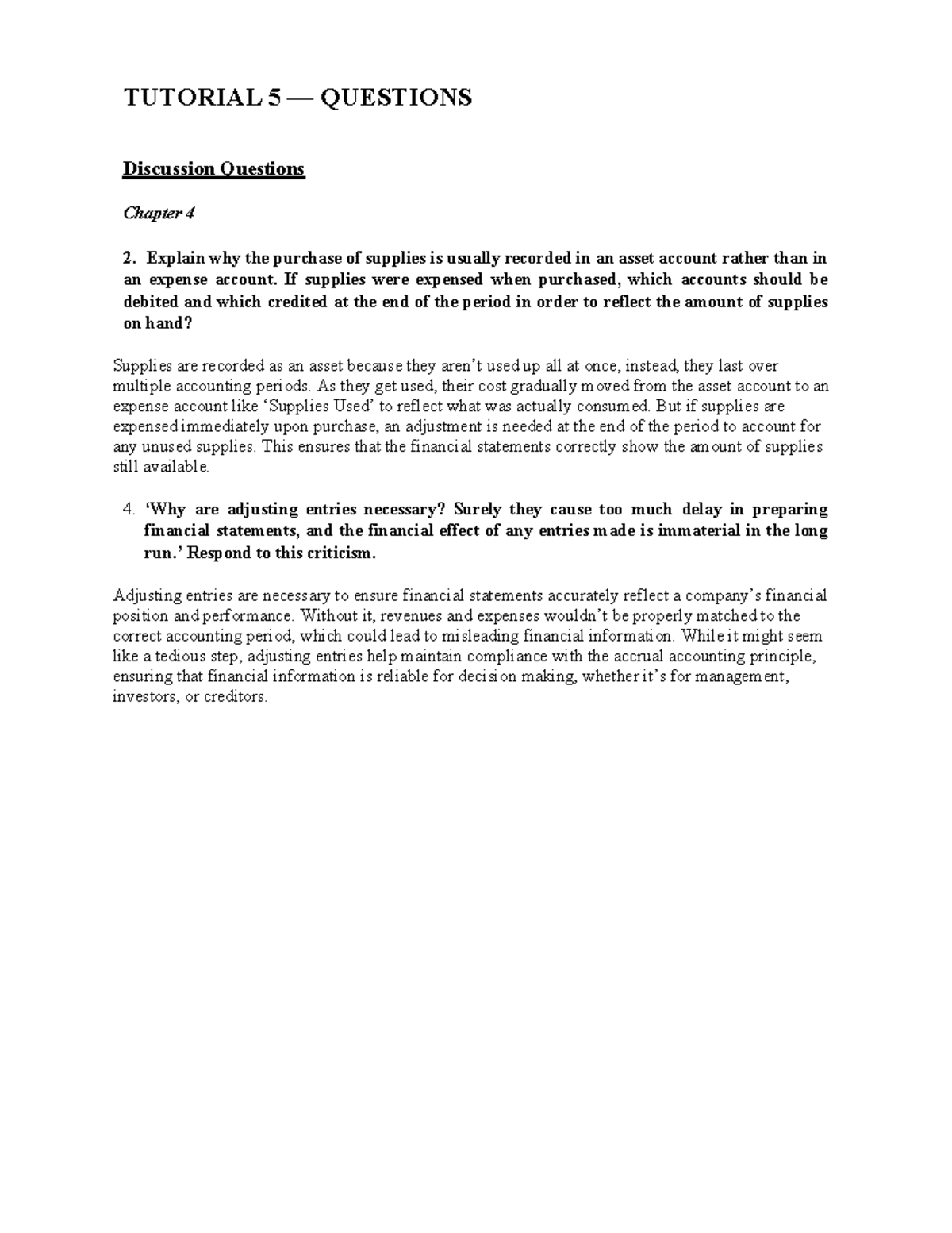 Tutorial 5 discussion questions and exercises for chapter 4 - Studocu