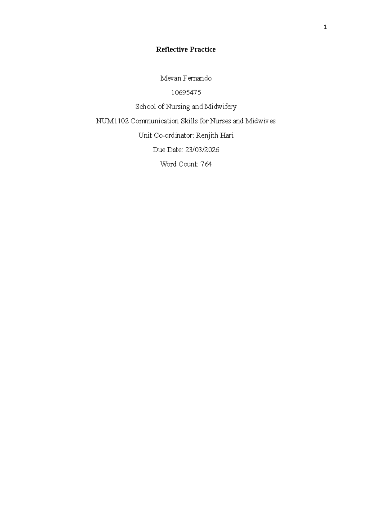 Reflective Practice in Communication Skills for Nurses (NUM1102) - Studocu