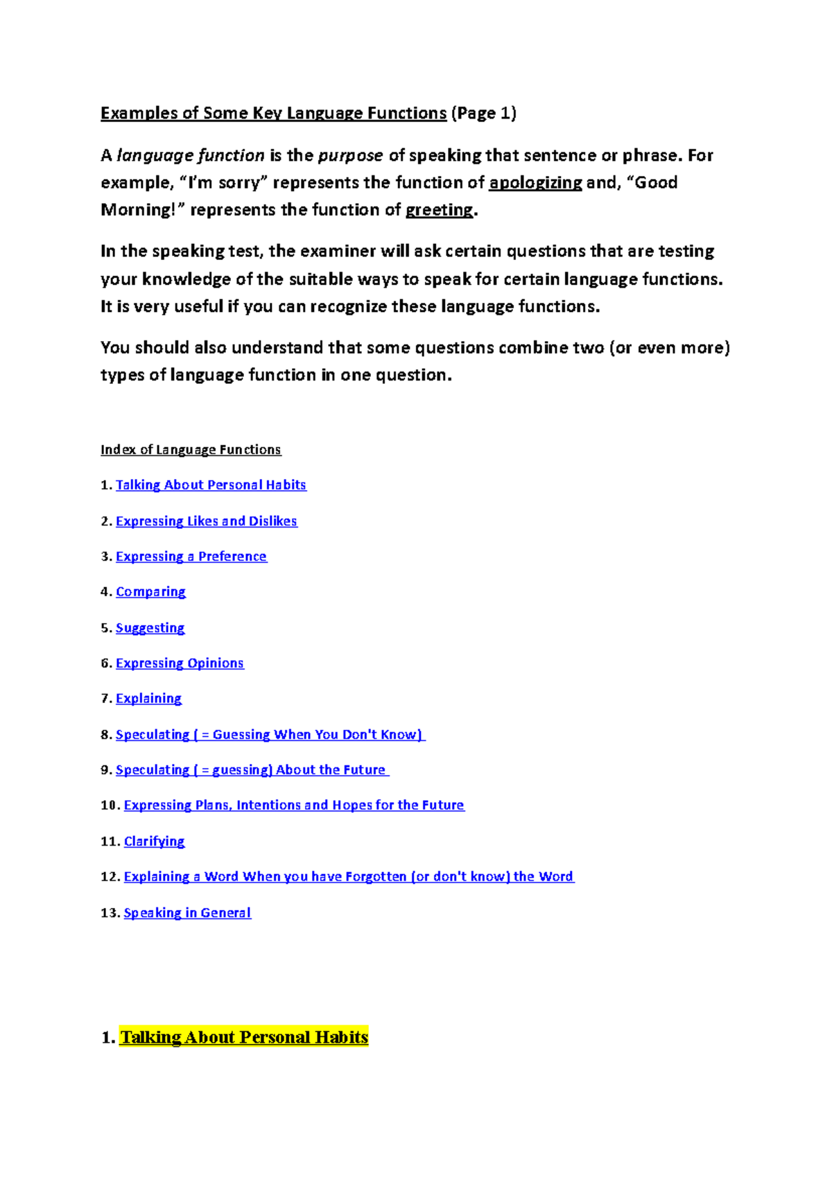 Key Language Functions Overview for Speaking Test - Studocu