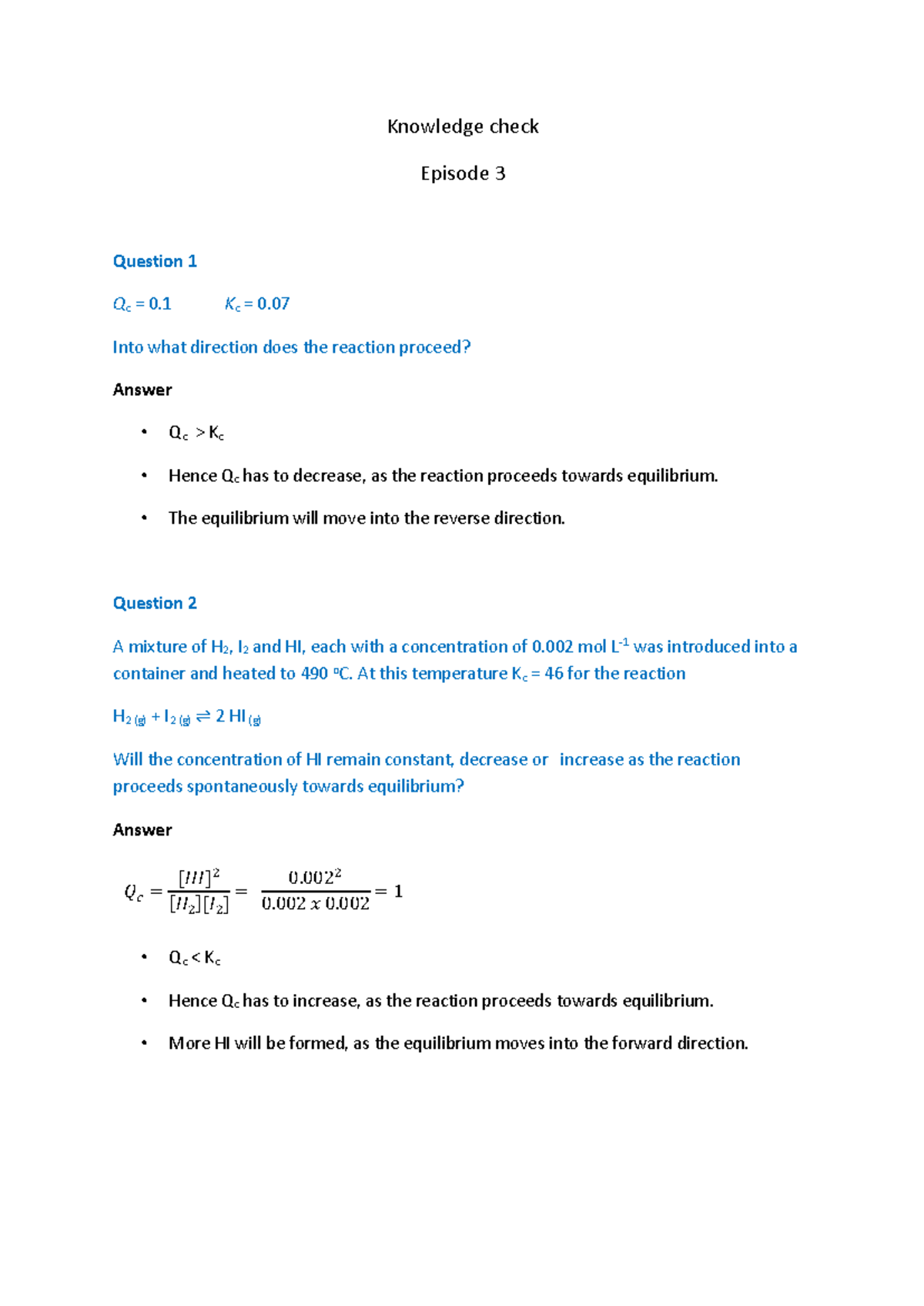 KC Ep3 Answers: Kc & Qc Calculations for Equilibrium Direction - Studocu