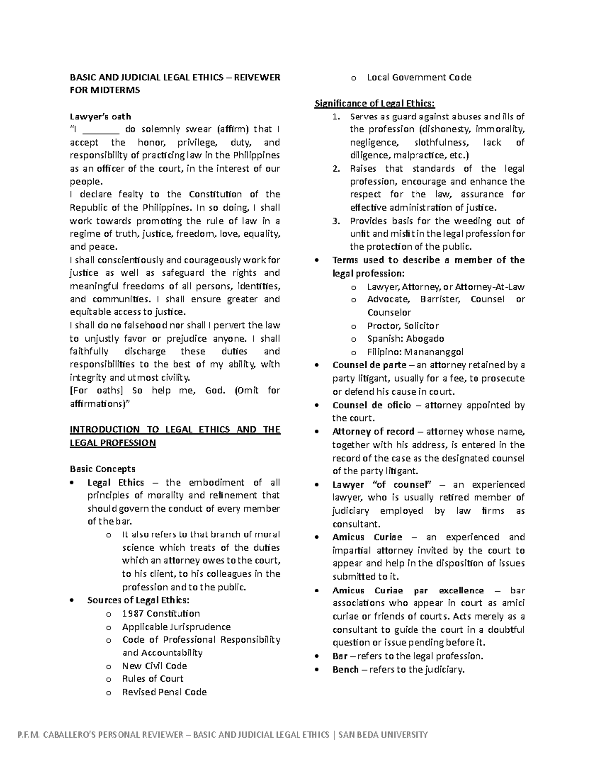 BASIC AND JUDICIAL LEGAL ETHICS MIDTERM REVIEWER - SAN BEDA UNIVERSITY ...