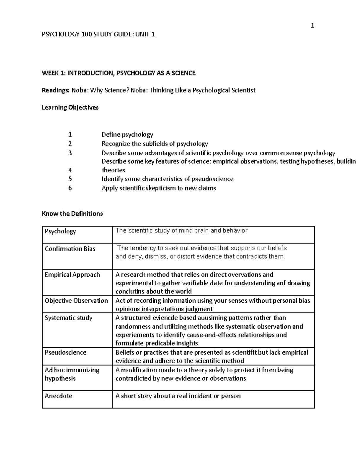 PSYCHOLOGY 100 STUDY GUIDE: UNIT 1 OVERVIEW & KEY CONCEPTS - Studocu