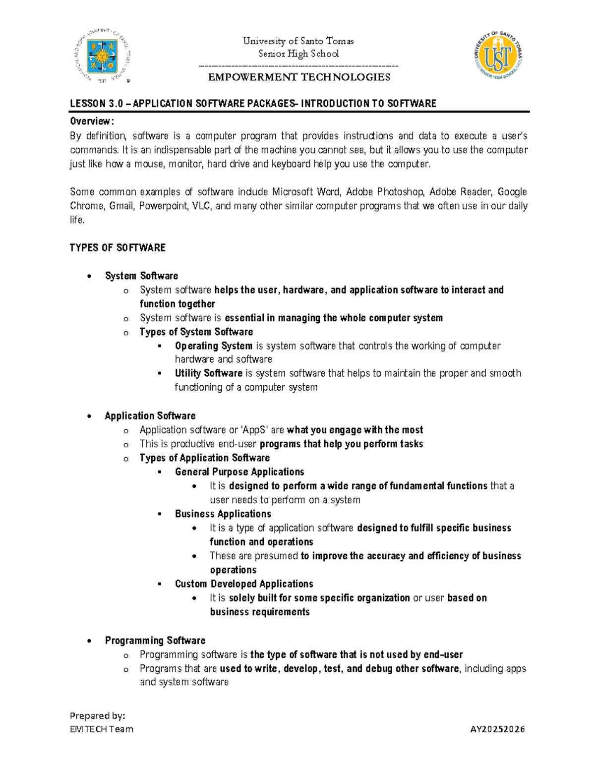UST SHS Tech L3: Intro to Application Software Overview - Studocu