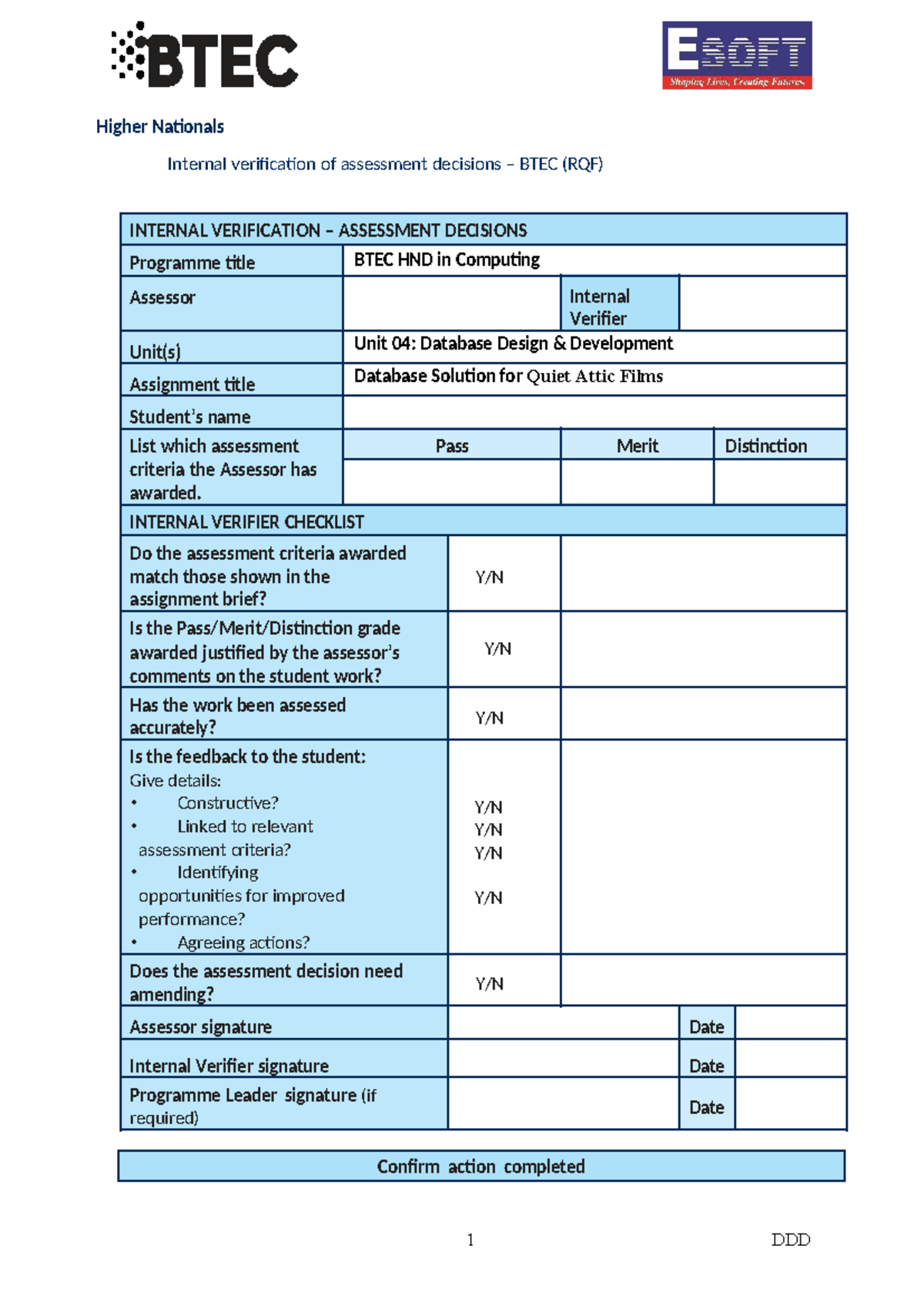 BTEC HND Computing Unit 04: Database Design & Development Pass Report ...