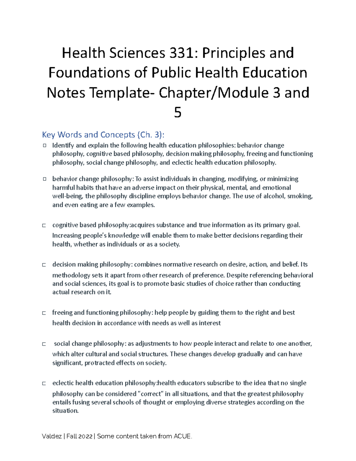 Health Sciences 331: Notes on Chapters 3 & 5 - Public Health Education ...