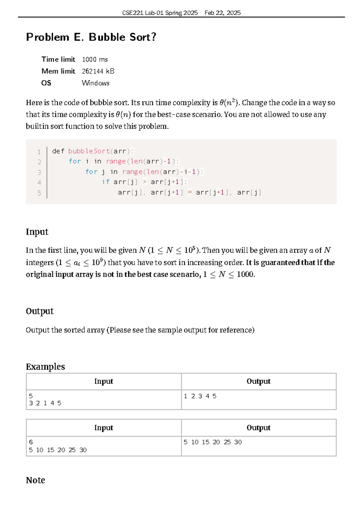 695445-E - CSE221 Lab-01 Spring 2025 Feb 22, 2025 - Problem E. Bubble ...