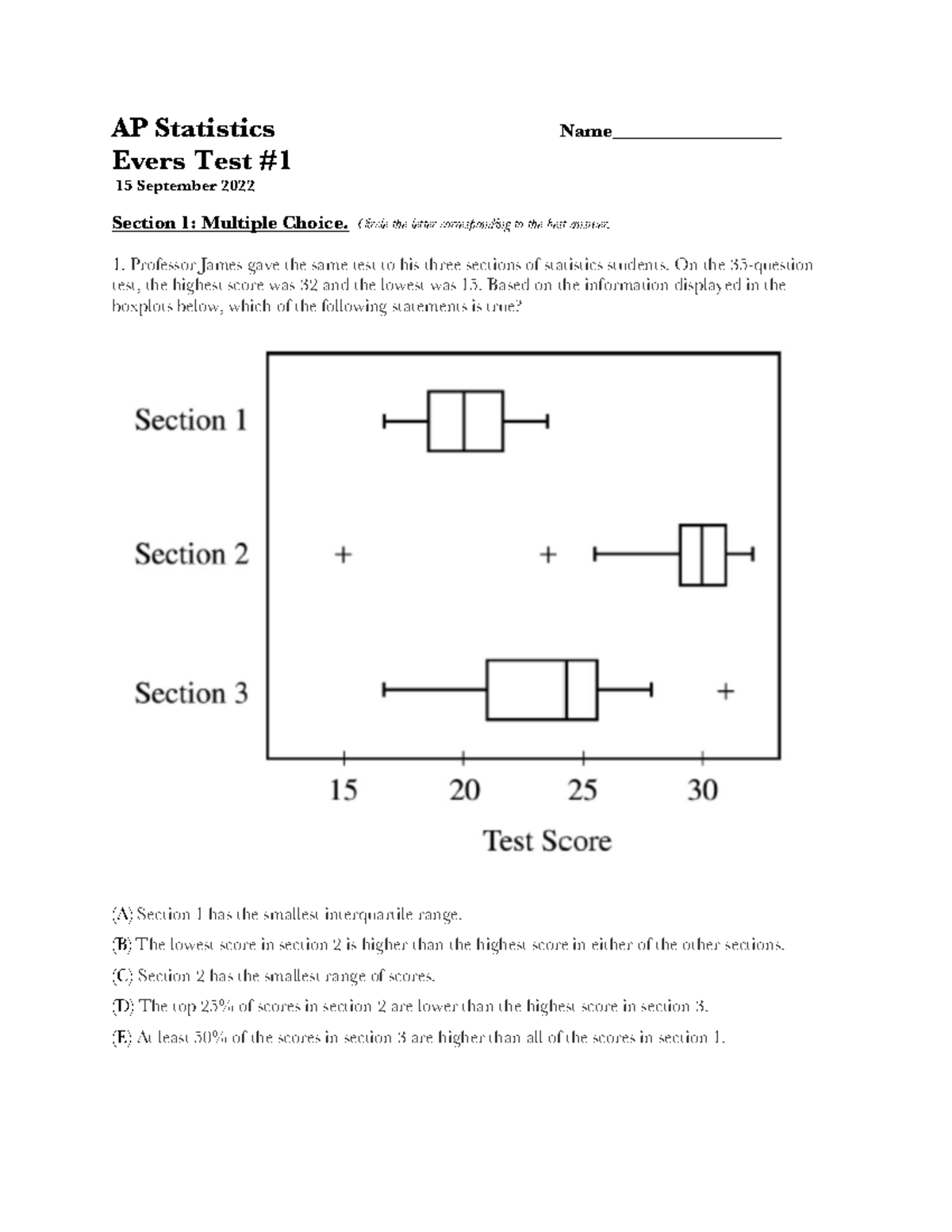 AP Statistics AP Stats Test 1 Multiple Choice & Free Response 2022 ...