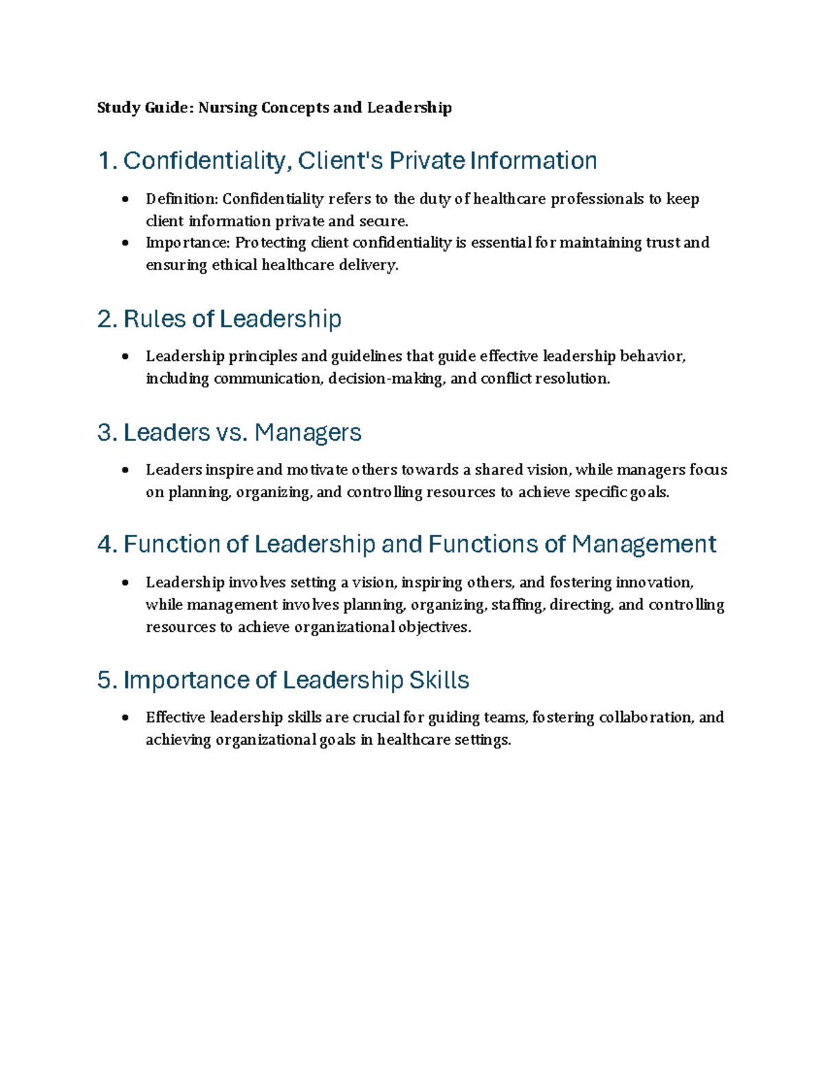 Leadership study guide - Study Guide: Nursing Concepts and Leadership 1 ...