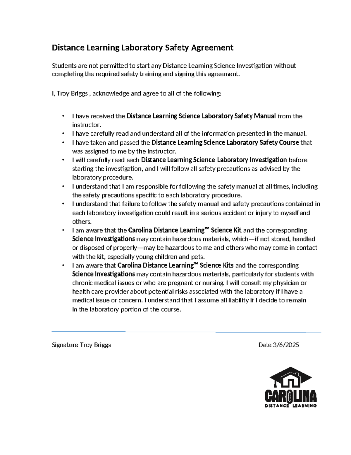 ENV 220 Distance Learning Lab Safety Agreement and Acknowledgment - Studocu