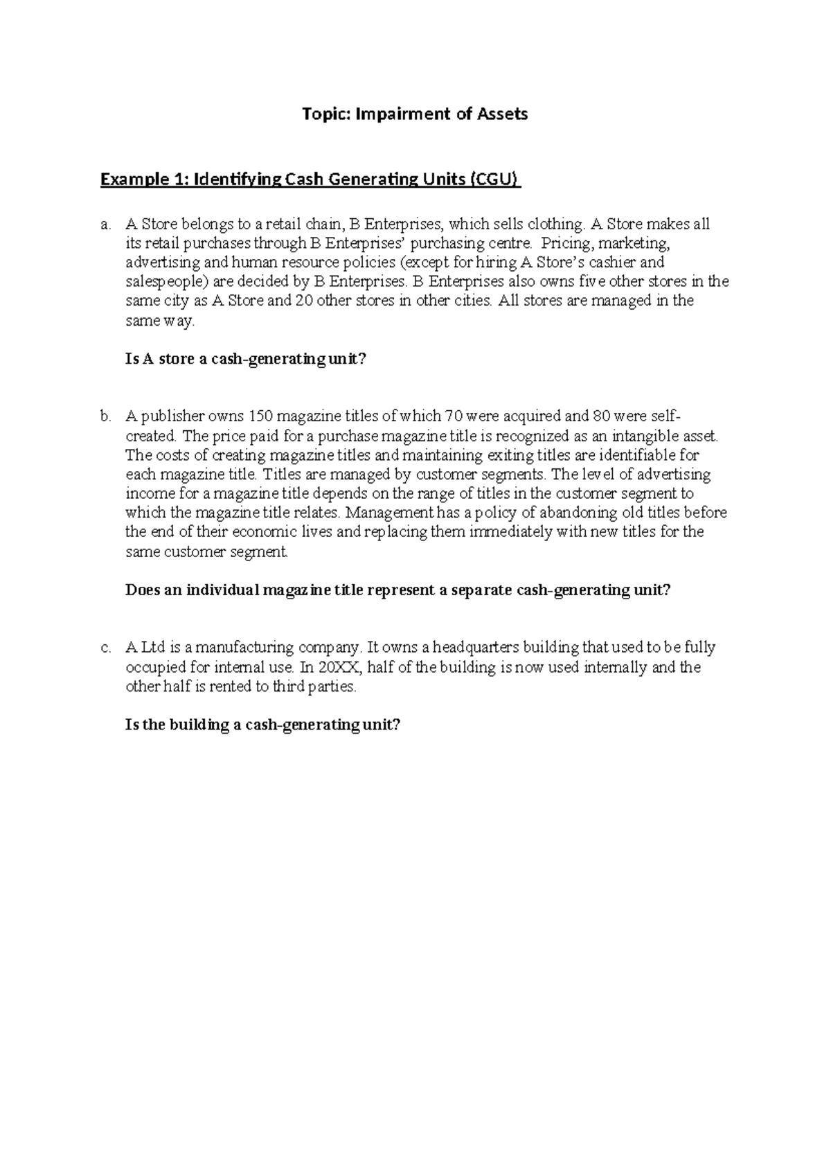 Week 3 Tutorial Questions - Topic: Impairment of Assets Example 1 ...