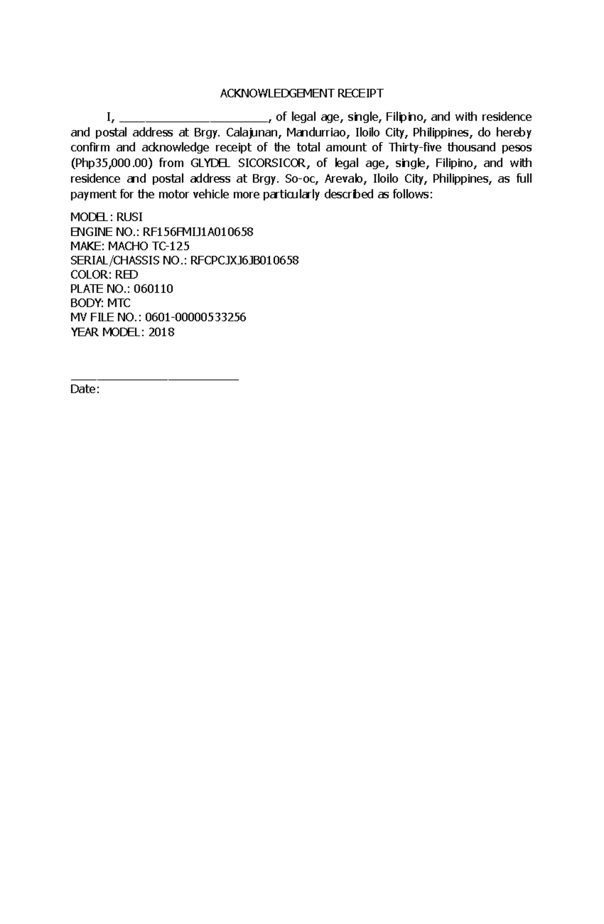 DOAS of Motor Vehicle - Acknowledgment Receipt & Sale Agreement - Studocu