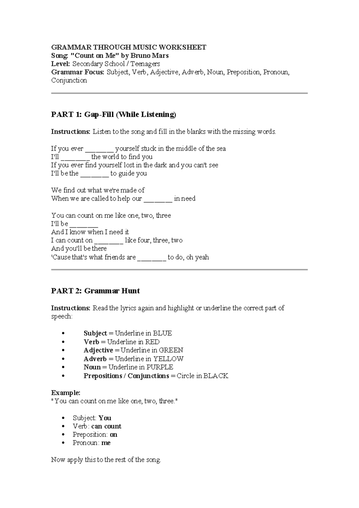 Grammar Through Music Worksheet: Bruno Mars for Secondary School - Studocu