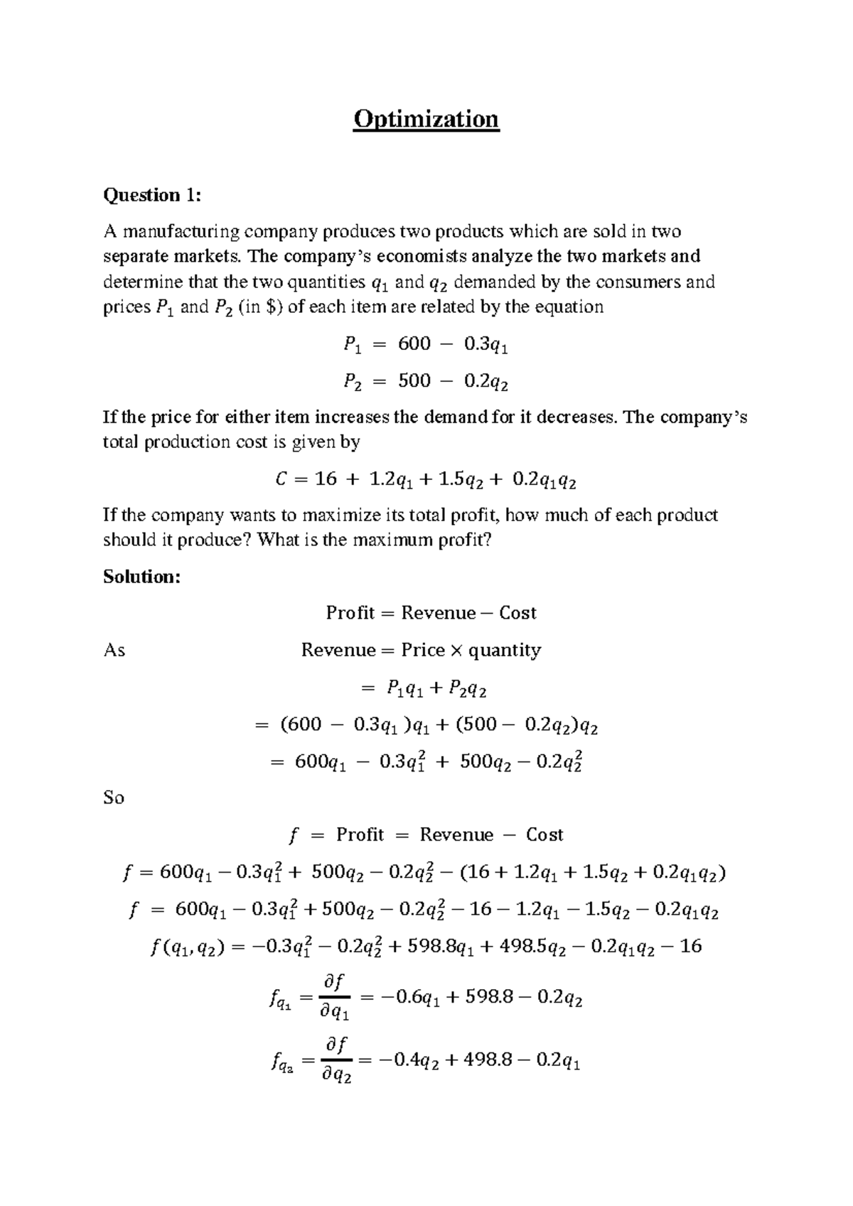 Lec 21 Optimization of Manufacturing Profit Function Analysis - Studocu