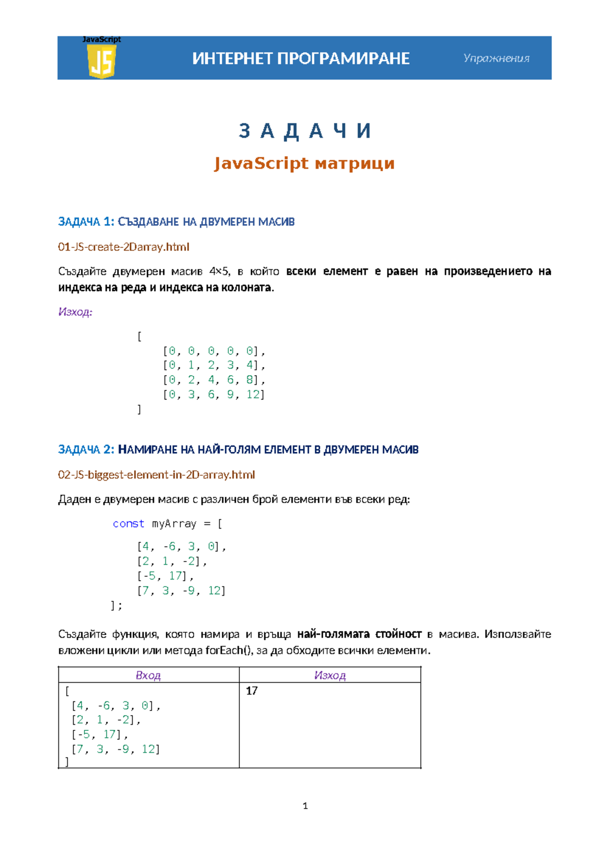 08 Java Script matrix problems - З А Д А Ч И JavaScript матрици ЗАДАЧА ...