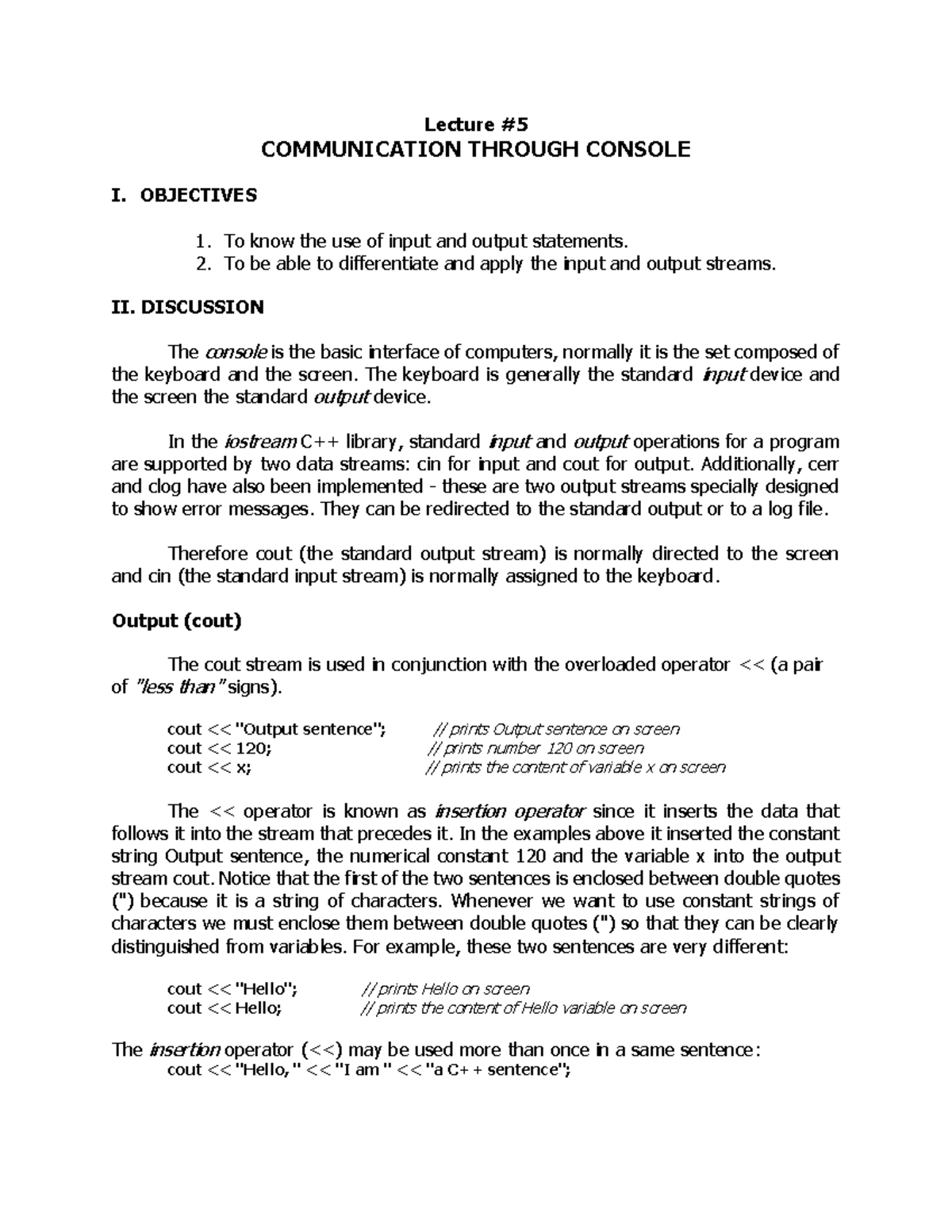 Lecture #5 Communication Through Console Notes - Lecture ...