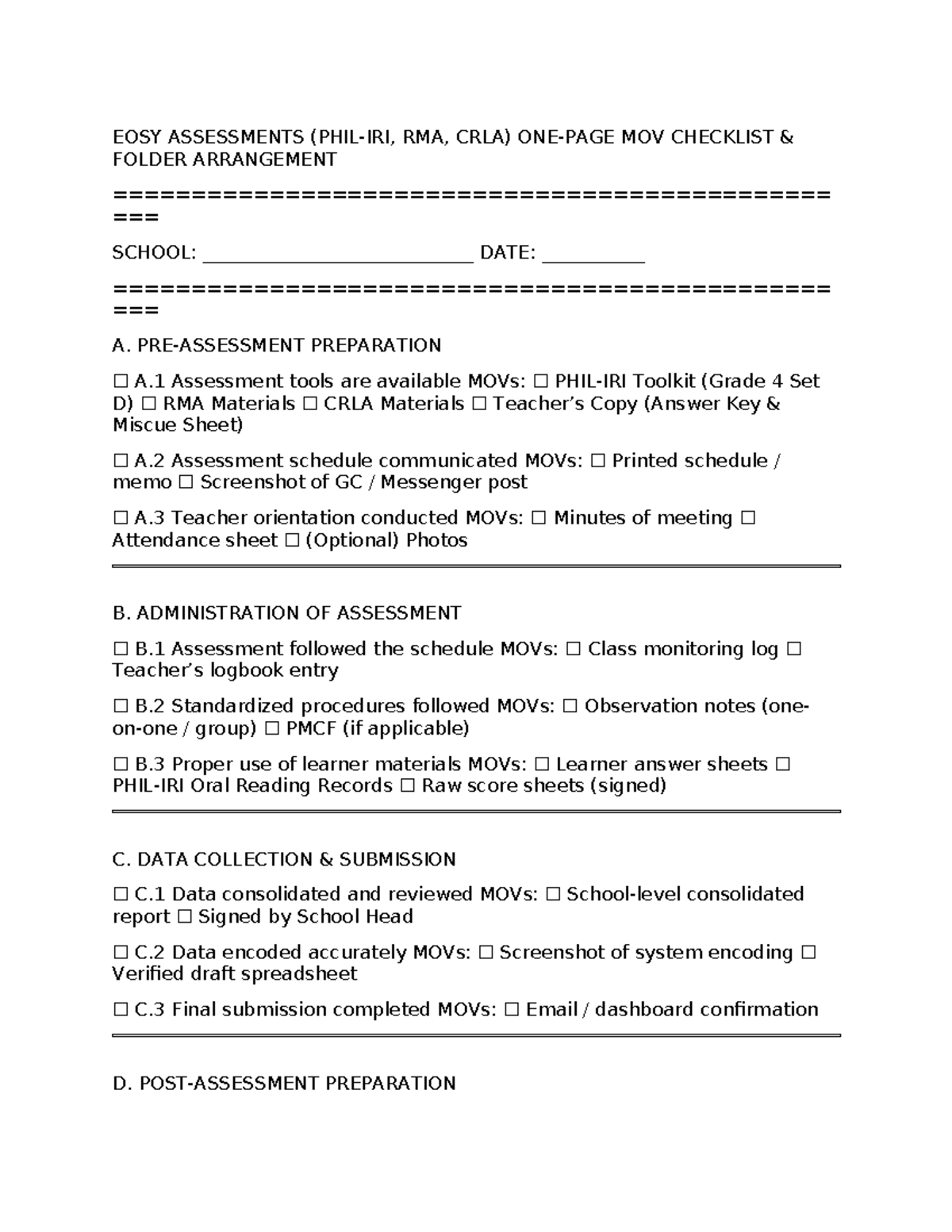EOSY Assessments RMA & CRLA: MOV Checklist & Folder Guide - Studocu