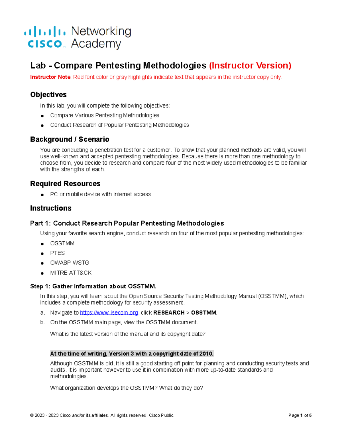 1.2.6 Lab - Comparing Popular Pentesting Methodologies - ILM - Studocu
