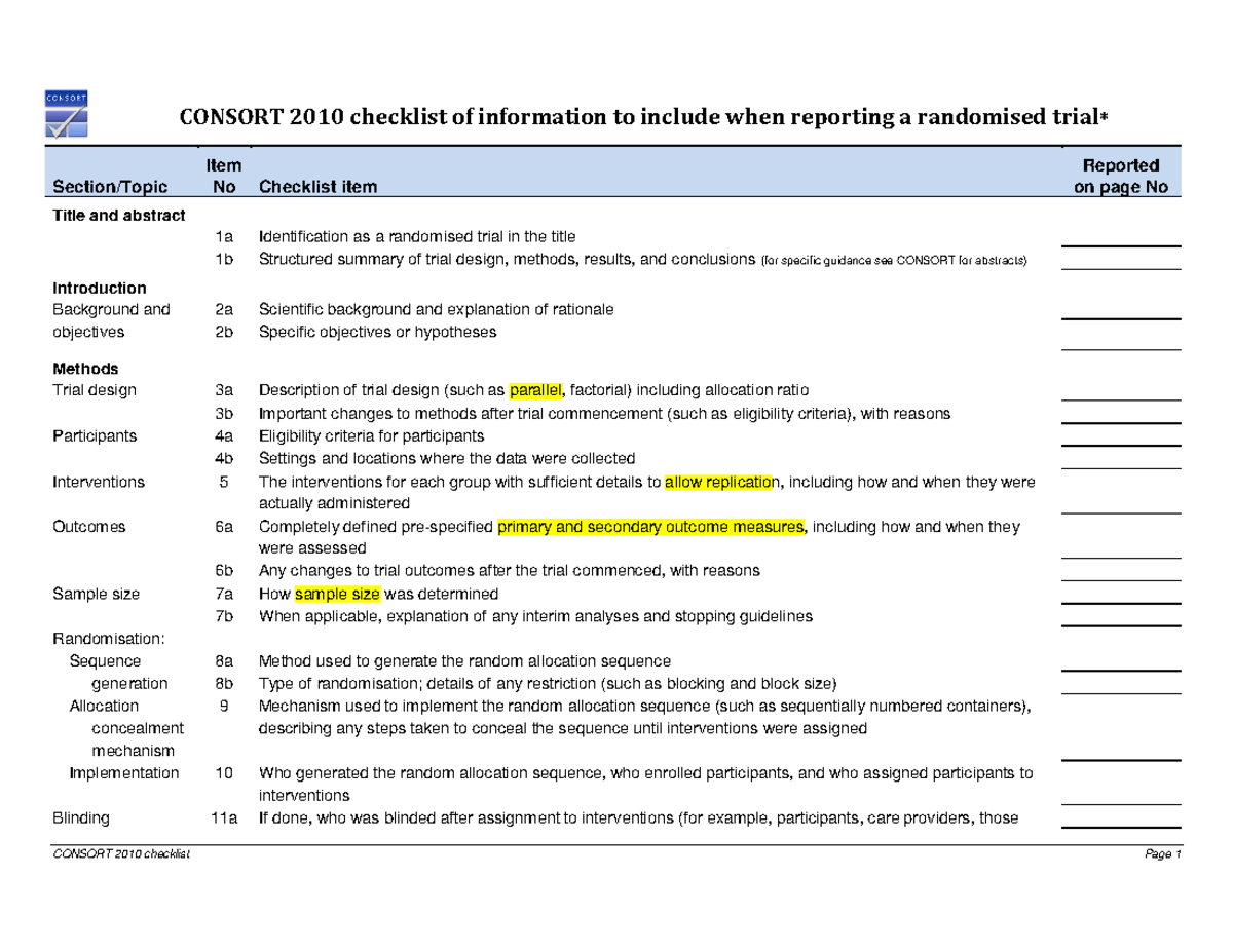 Consort 2010 Checklist - CONSORT 2010 checklist Page 1 CONSORT 2010 ...