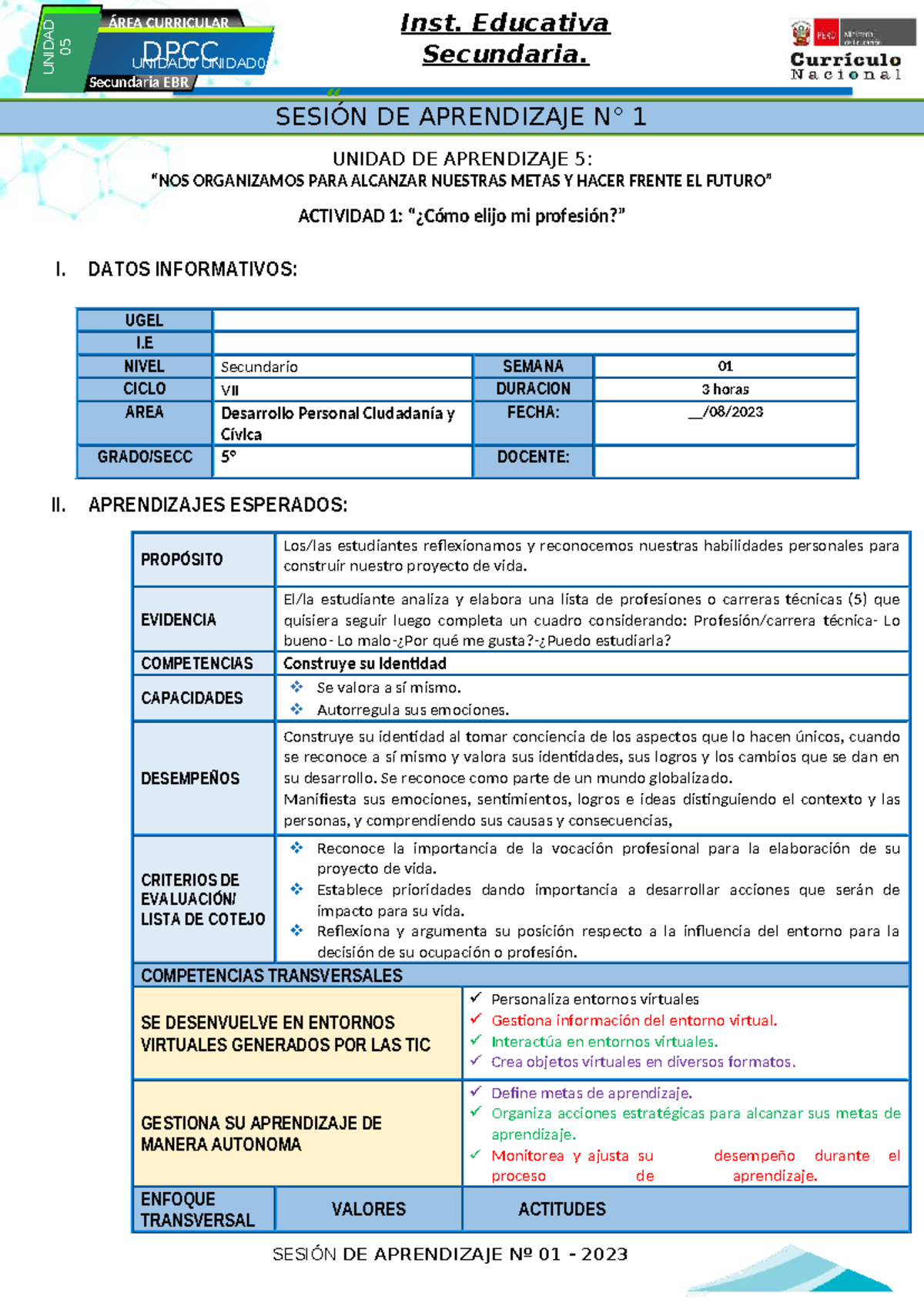5º DPCC - SESIÓN DE APRENDIZAJE 1 - UNIDAD 05: PROYECTO DE VIDA - Studocu