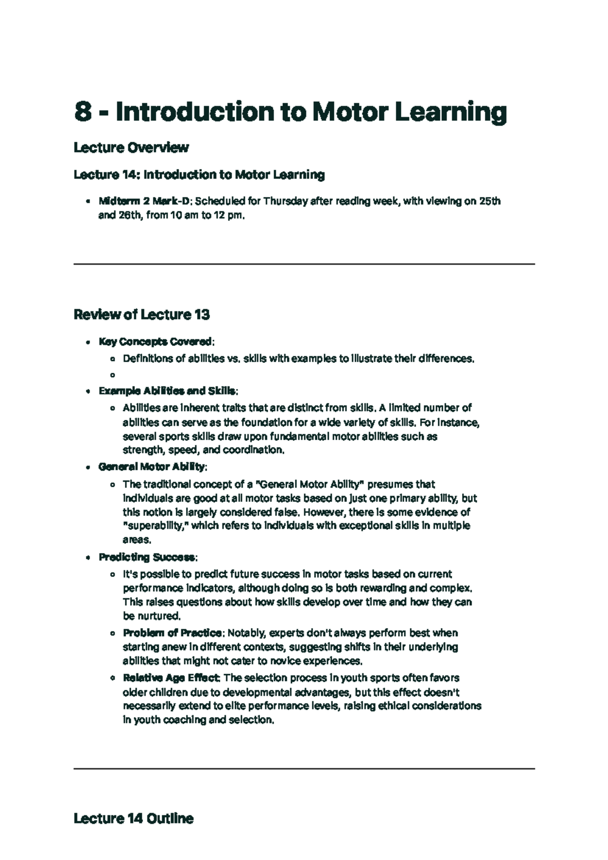 Midterm 2 Review: Key Concepts in Motor Learning and Performance - 8 ...