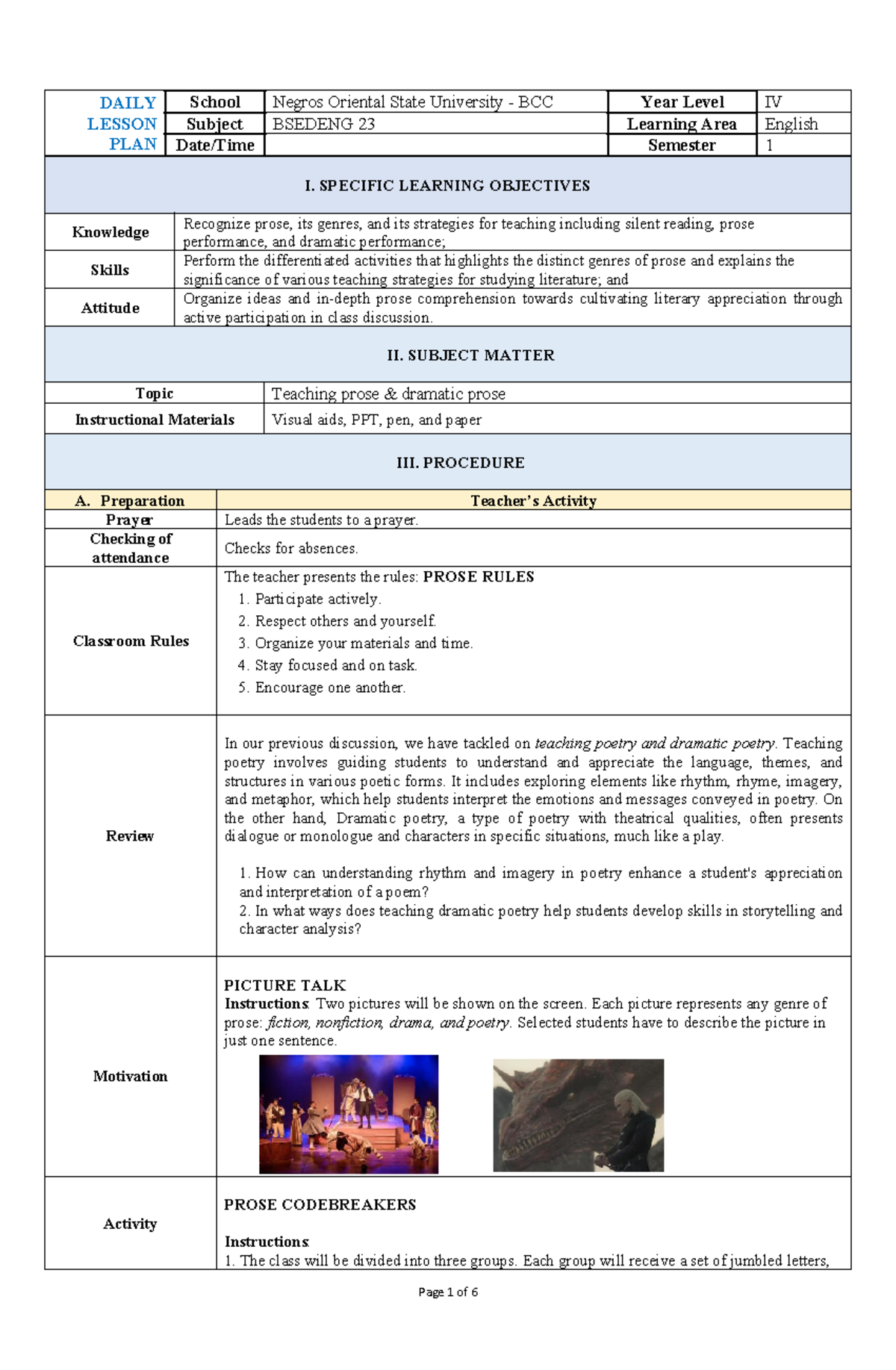 BSEDENG 23 Lesson Plan: Teaching Prose & Dramatic Prose Strategies ...