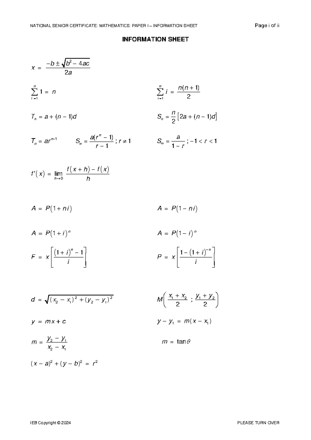 NSC Mathematics P1 Info Sheet 2024: Key Formulas and Concepts - Studocu