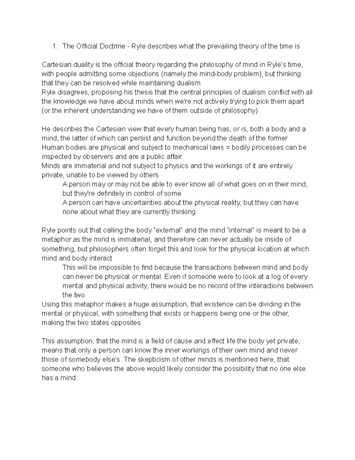Ryle's Critique of Cartesian Dualism - Summary of Descartes' Myth - Studocu