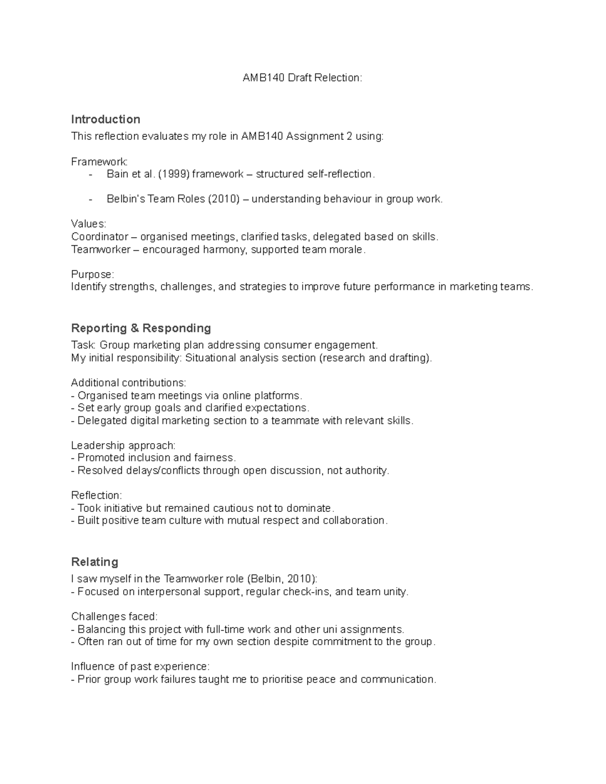 AMB140 Draft Reflection: Team Roles and Personal Insights - Studocu