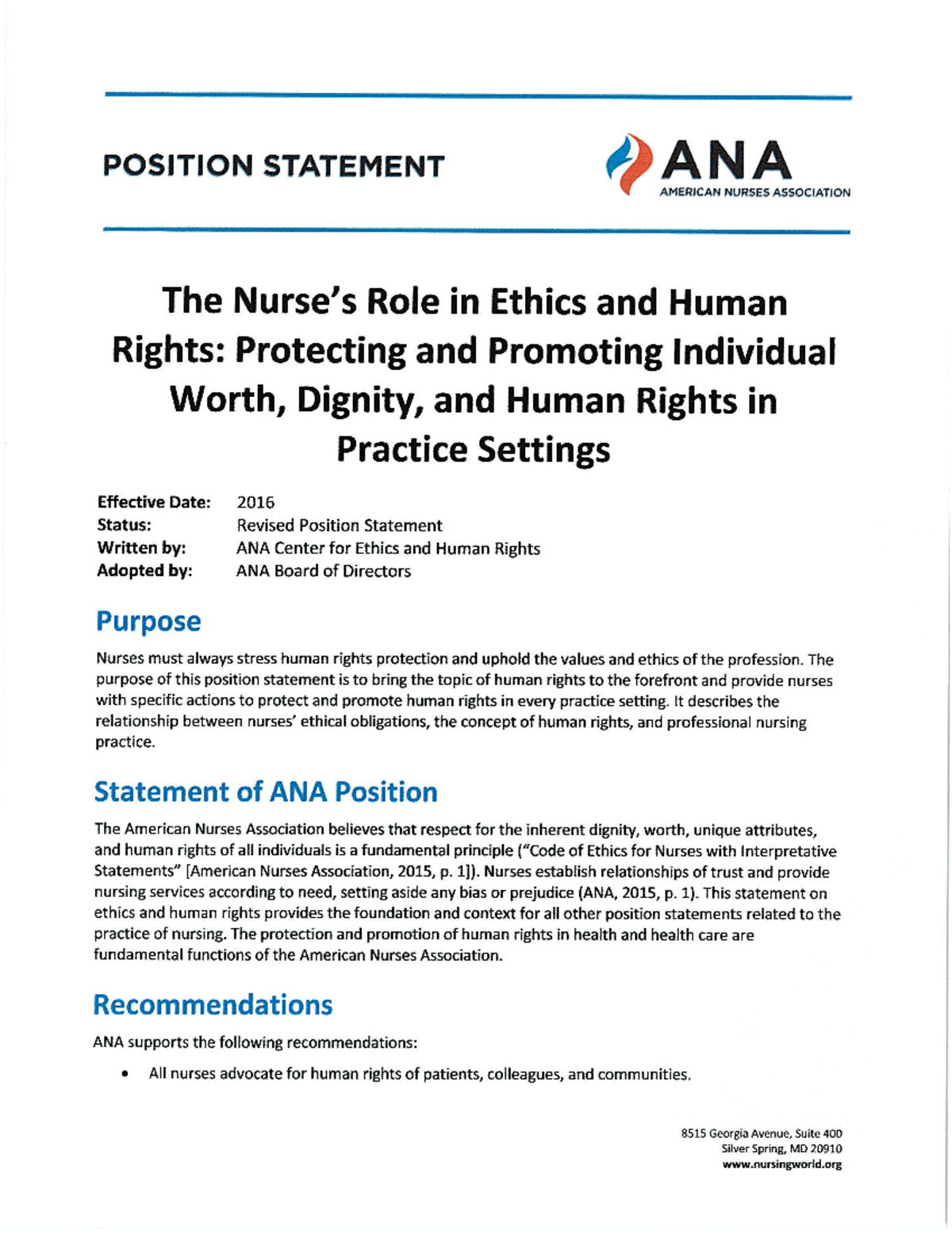 ANA Position Statement: Nurses' Role in Ethics & Human Rights - Studocu