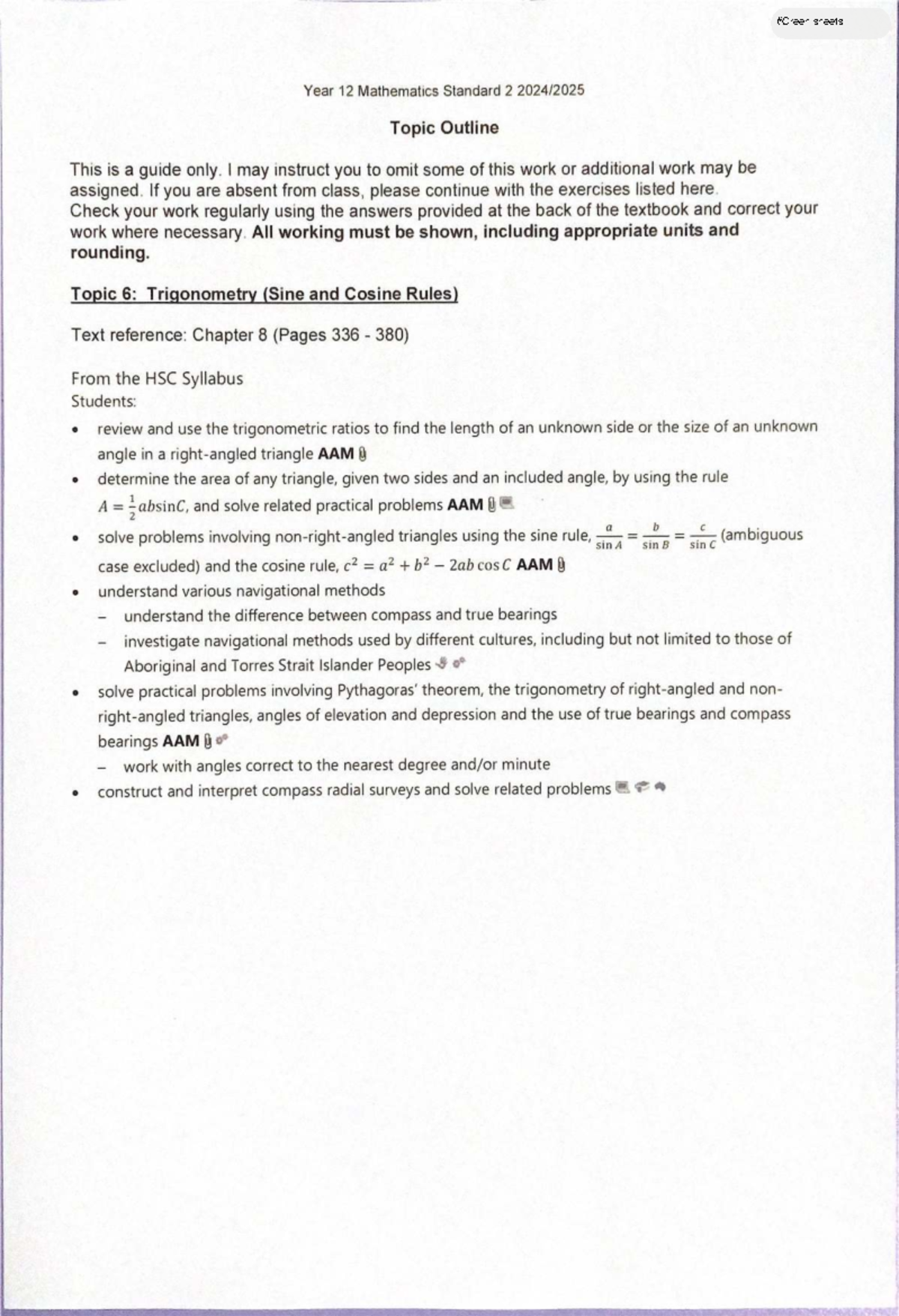 Year 12 Mathematics Standard 2: Trigonometry Topic Outline - Studocu
