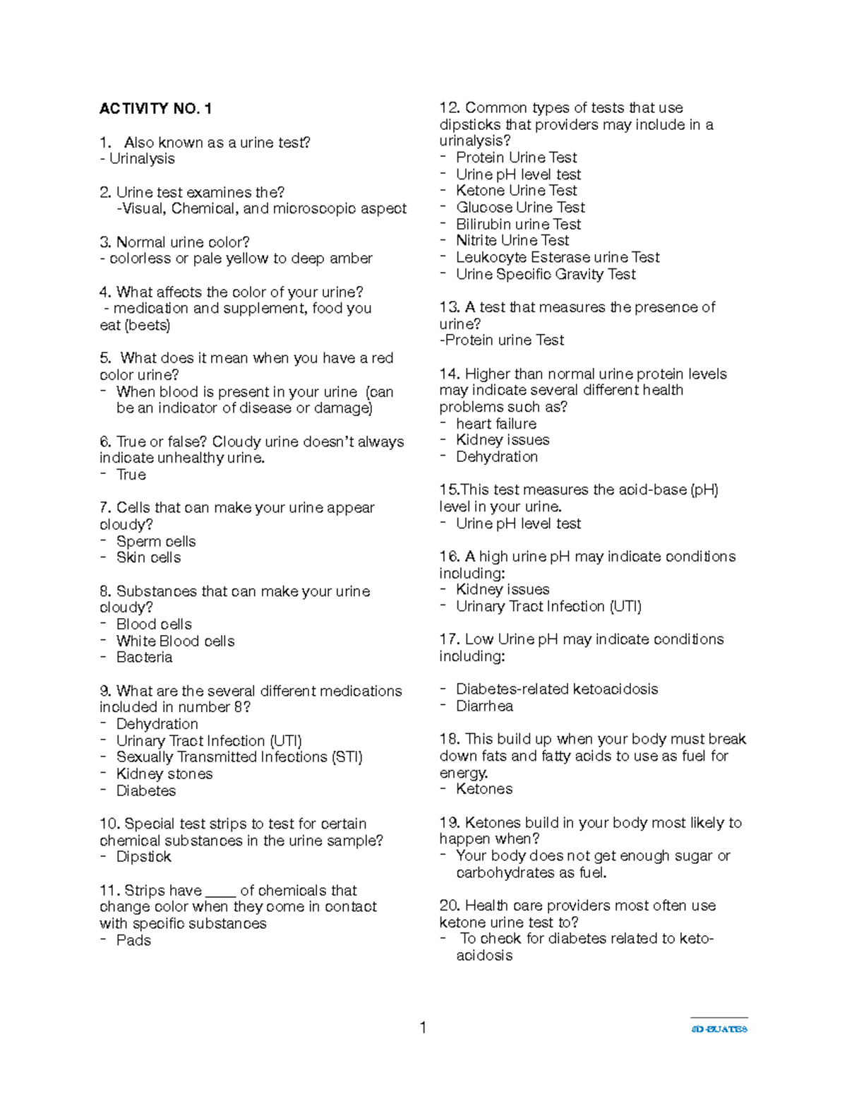 Aubf lab questionnaire 1 2 activity no 1 1 also known as a urine